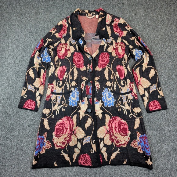Soft Surroundings Vintage Floral Tapestry Chore Cardigan Sweater Large Black — photo 2
